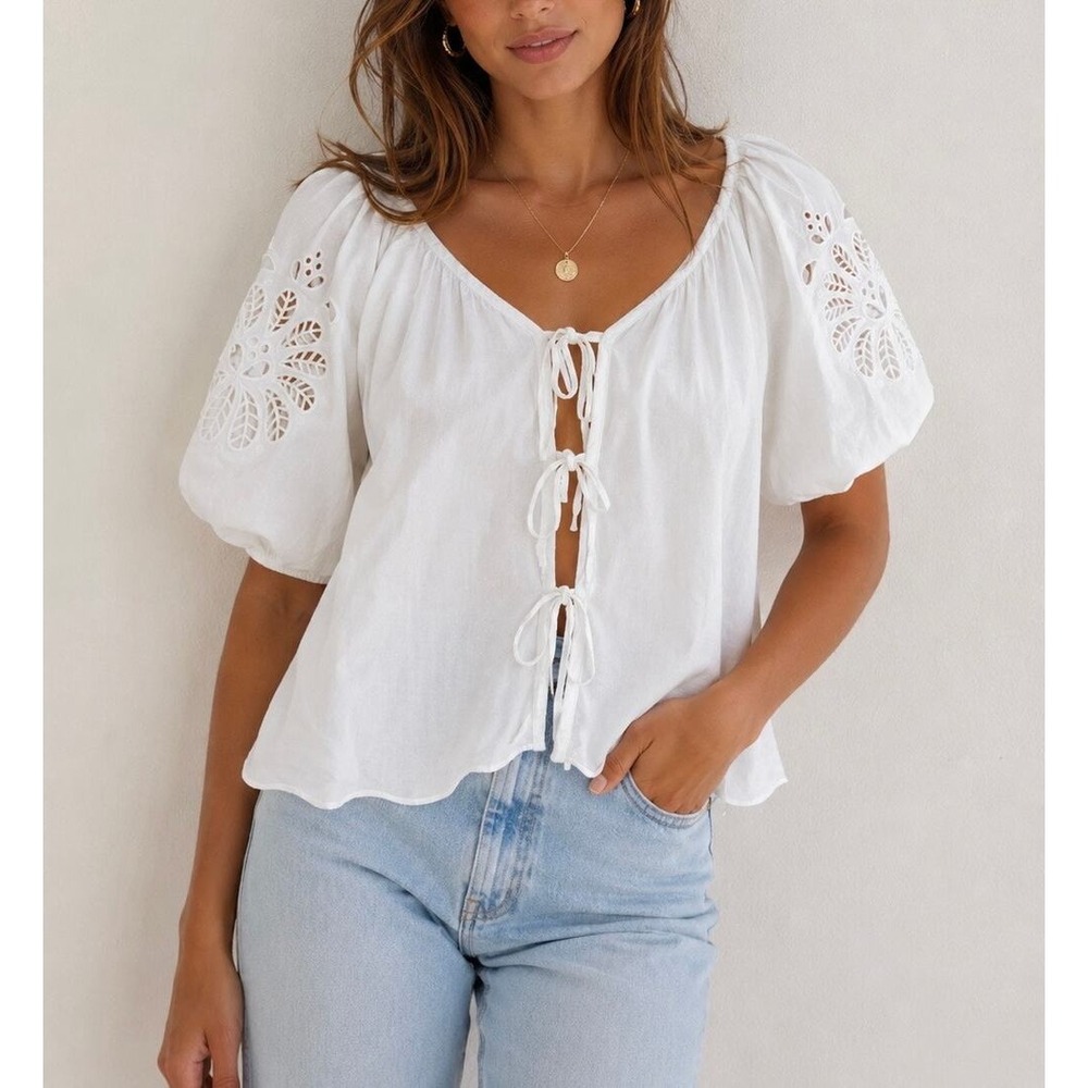 Calypso St. Barth Eyelet Scalloped Hem Bow Tie Linen Blend Top White XL